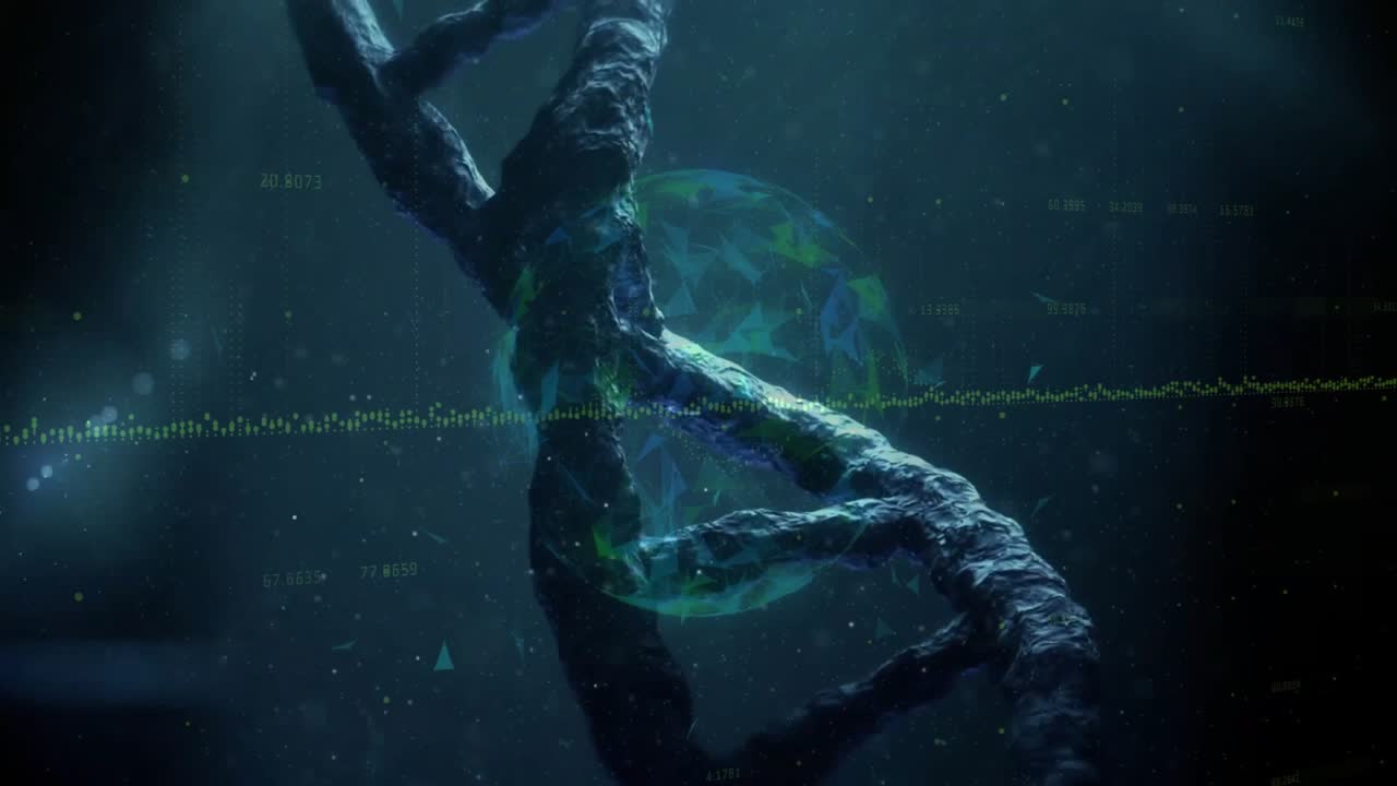 Avvio di una simulazione che mostra cromosomi luminescenti che fluttuano e si fondono in una doppia elica per la ricerca.