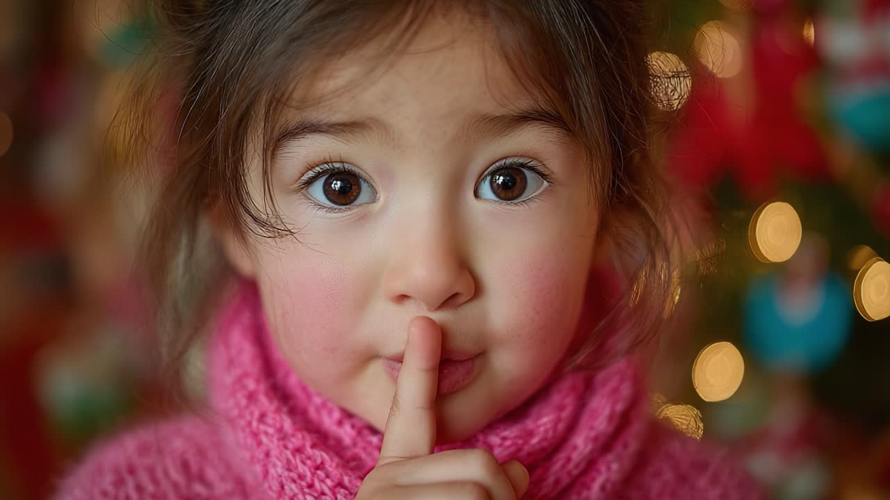 A Young Girl in a Cozy Pink Sweater Holds Her Finger to Her Lips, Signifying Silence and Anticipation, Surrounded by a Festive Holiday Background of Lights