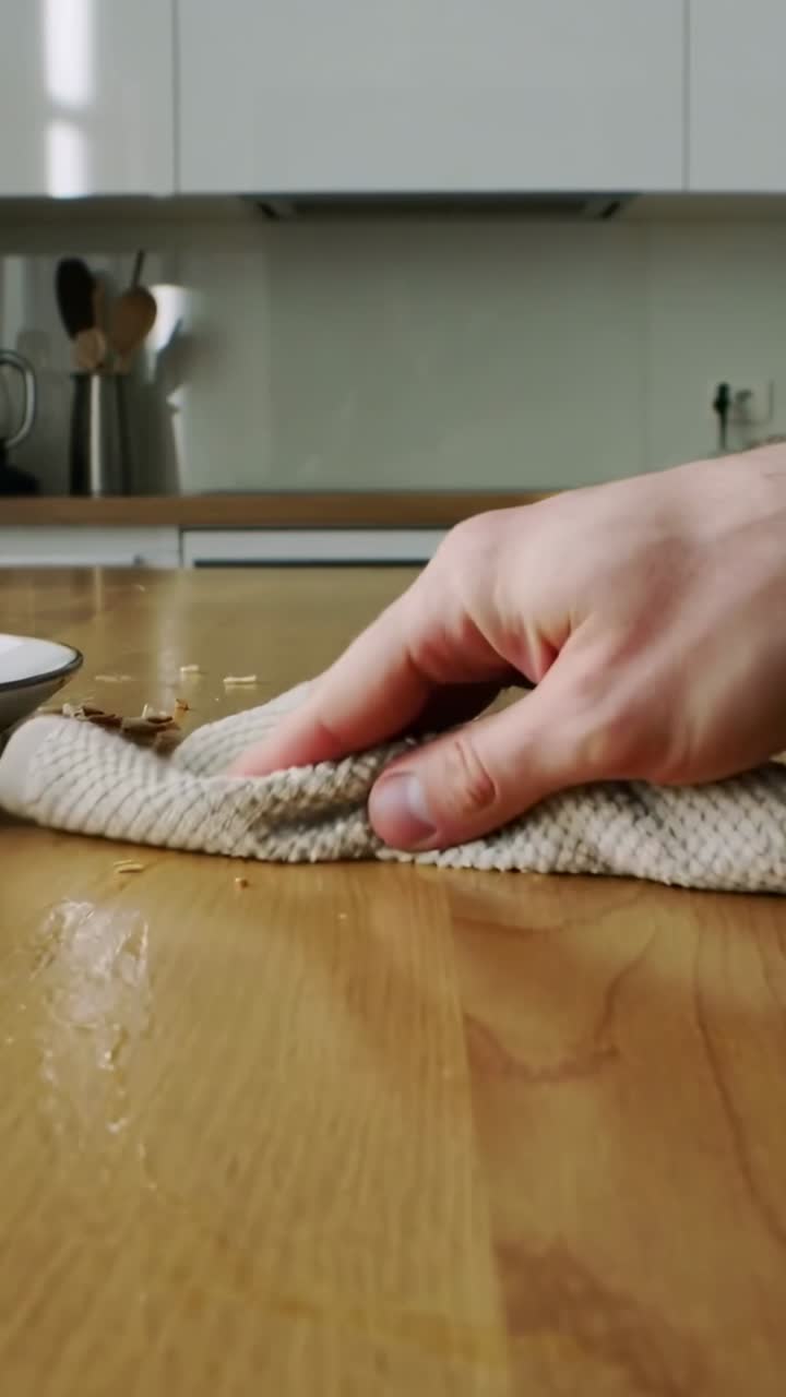 Vertical video: Wiping cloth entering, hand sweeping crumbs across wood counter, removing smear
