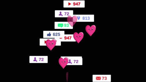 animación de corazones y reacciones en las redes sociales sobre un fondo negro