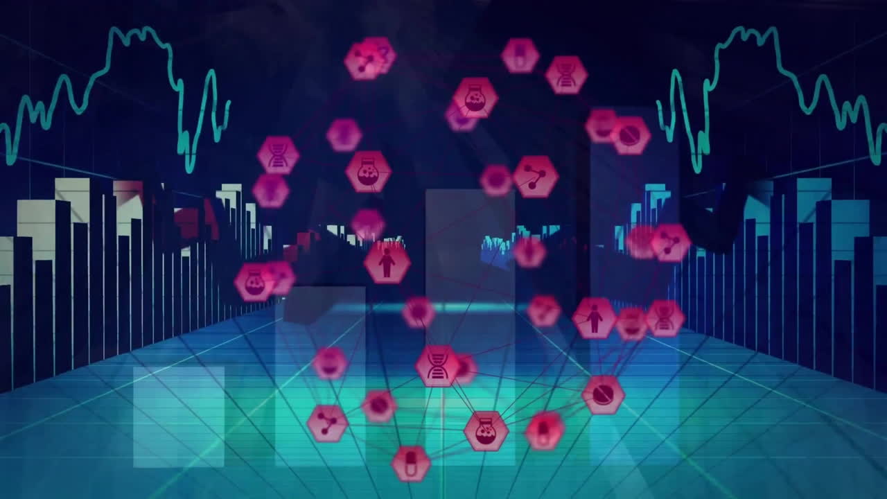 animación de la red de conexiones con símbolos hexagonales púrpuras sobre gráficos sobre fondo azul