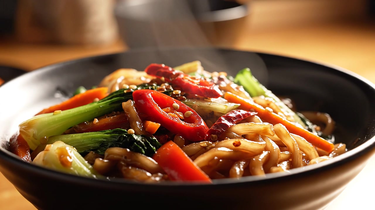 Noodles fritti piccanti con verdure fresche e peperoncino
