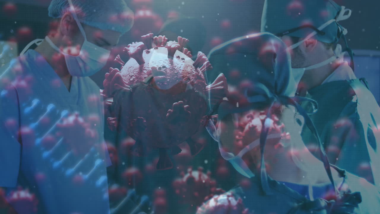 animación de la célula del virus sobre diversas mujeres y hombres cirujanos durante la operación