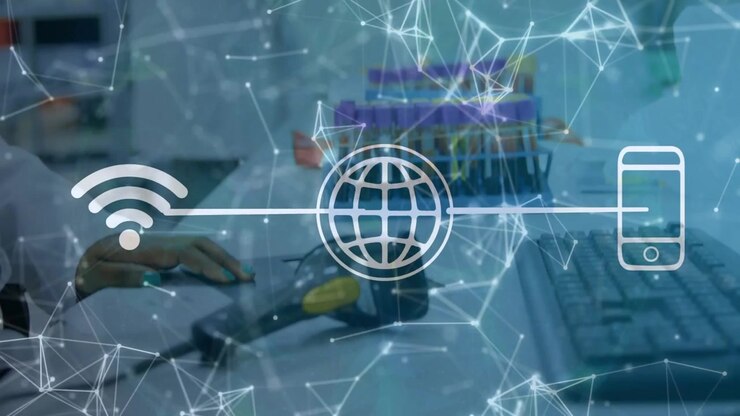 Reaching for scanner, lab tech scanning barcodes as connectivity icons showing wireless data flow