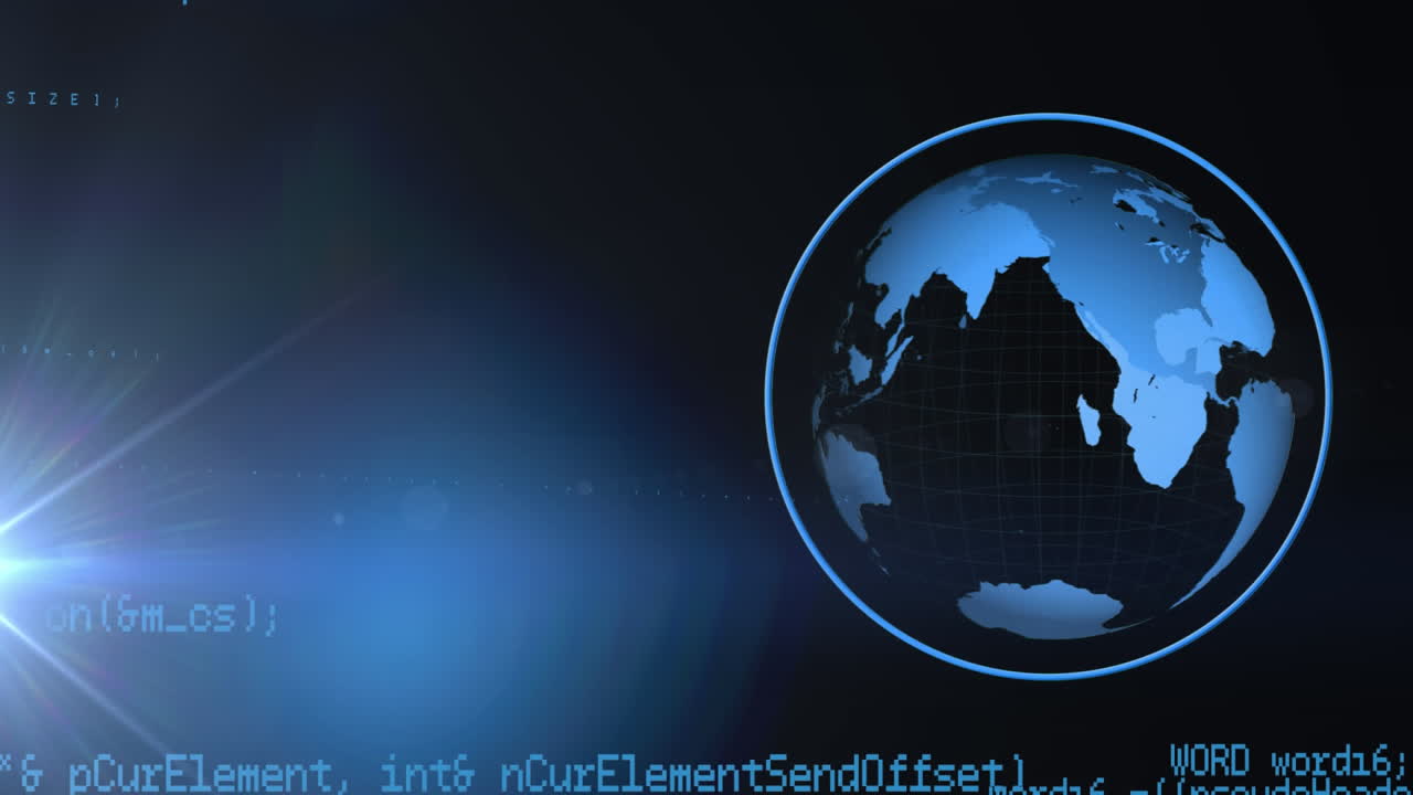 파란색 배경에 회전하는 지구와 함께 데이터 처리의 애니메이션