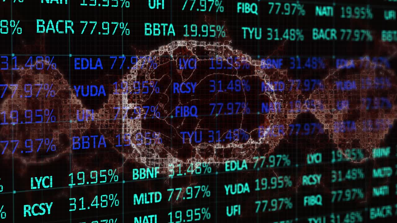 Animation of stock market data processing over spinning human brain against black background