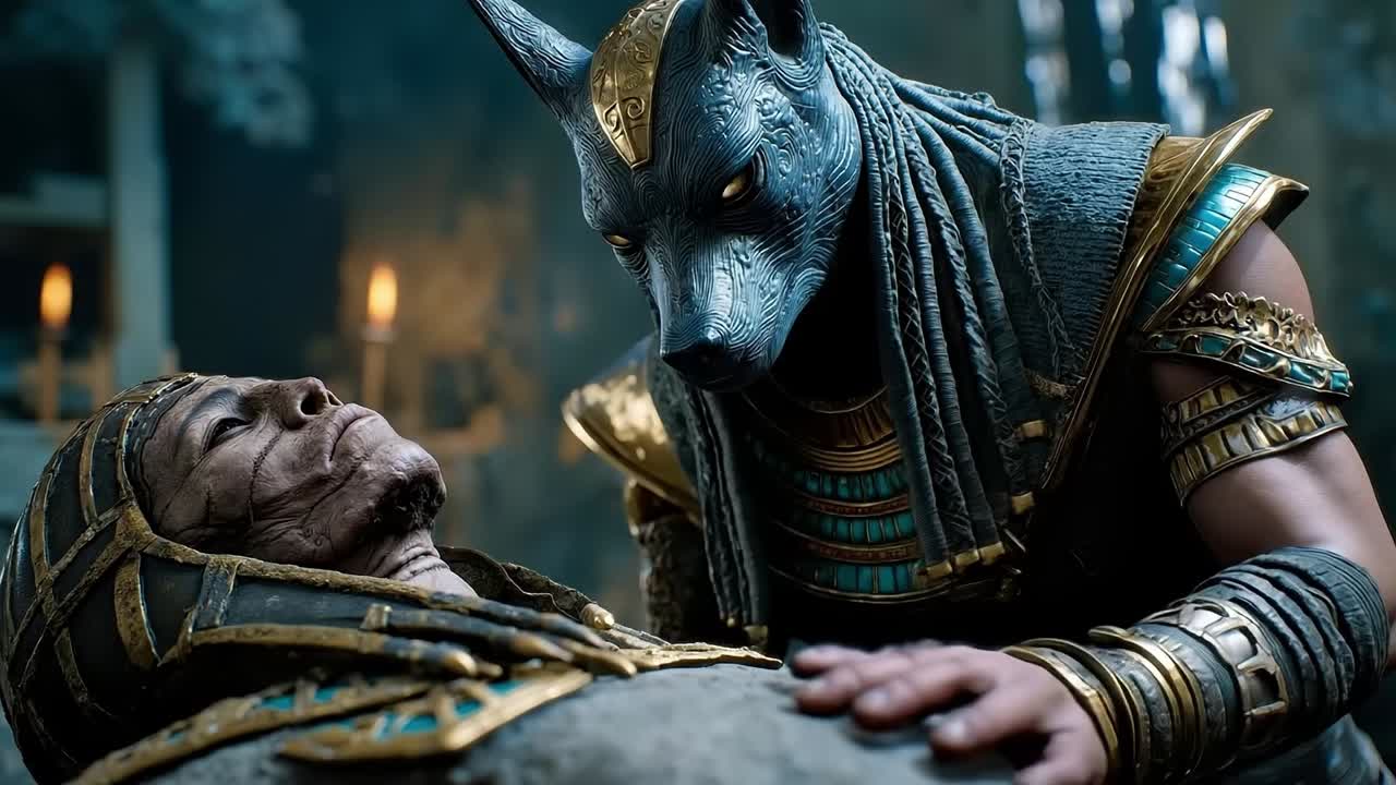A statue of anubis and a man laying on a rock