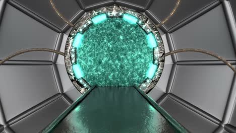 vista panorámica de la escena del paisaje de la estación. fondo abstracto 3d de corredor de ciencia ficción con portal. tecnología futurista abstracto vj sin costuras para títulos tecnológicos y fondo.