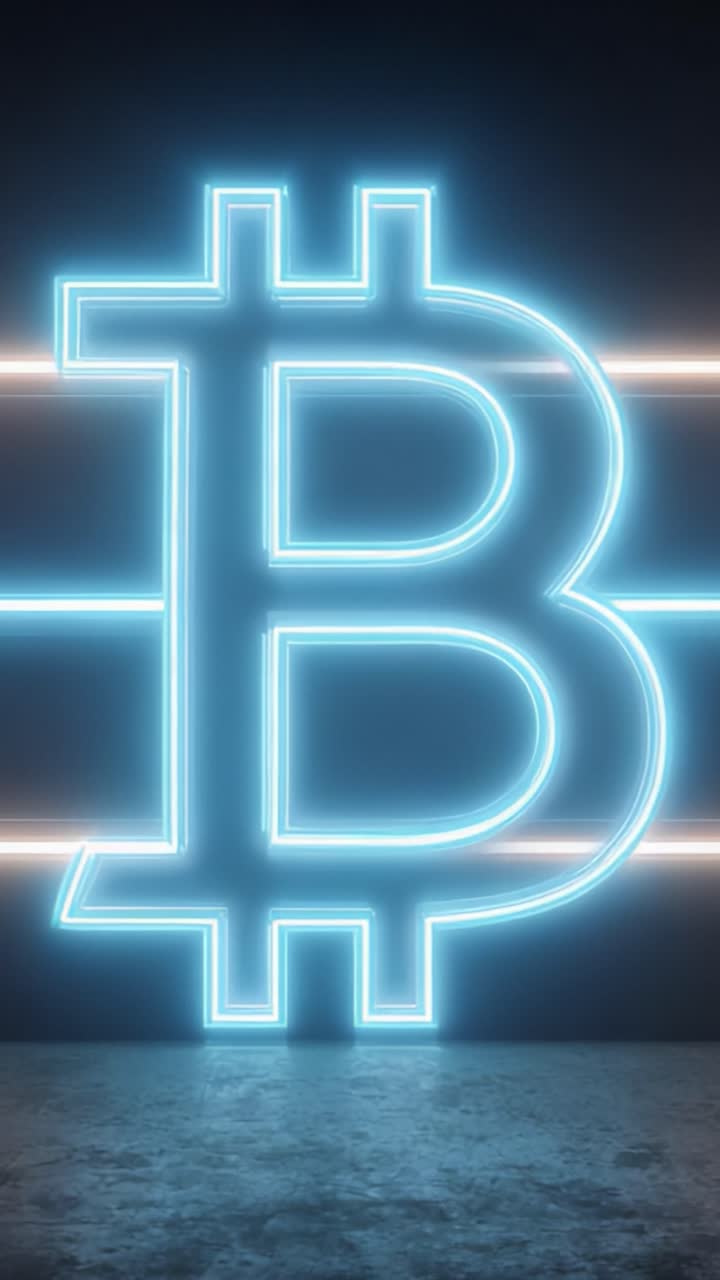 Simbolo Bitcoin illuminato con luce blu neon: una rappresentazione moderna della criptovaluta e dei concetti di finanza digitale