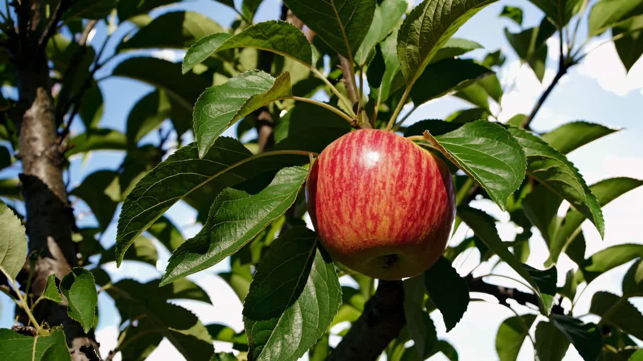 The video captures a close-up of a ripe apple hanging on a tree, highlighting its vibrant colors