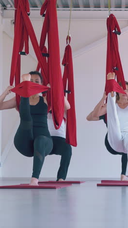 concentrated sporty women practice warrior aerial fly yoga asana standing on one leg and holding special hammocks