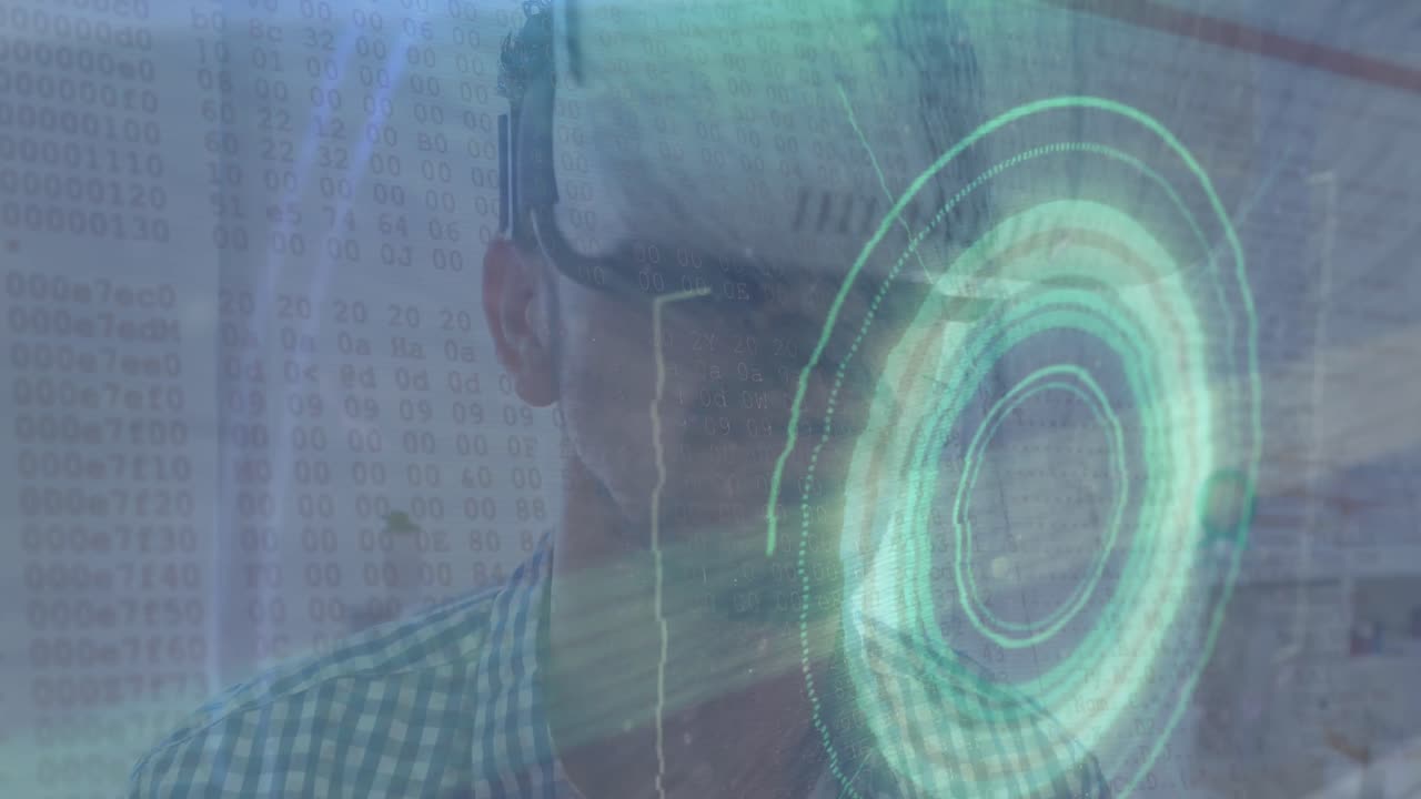 animazione della scansione dello scopo con glitch e uomo usando auricolare vr