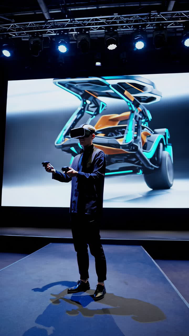Person using VR headset with a futuristic vehicle display at a tech event