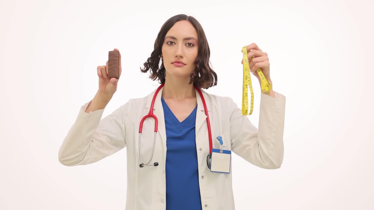 A doctor holding a tape measure and chocolate