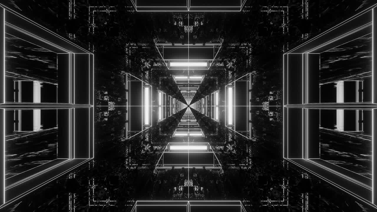volando en un túnel de neón blanco y negro, interior de nave espacial de ciencia ficción, corredor de tecnología futurista vj abstracto sin fisuras para títulos tecnológicos y antecedentes