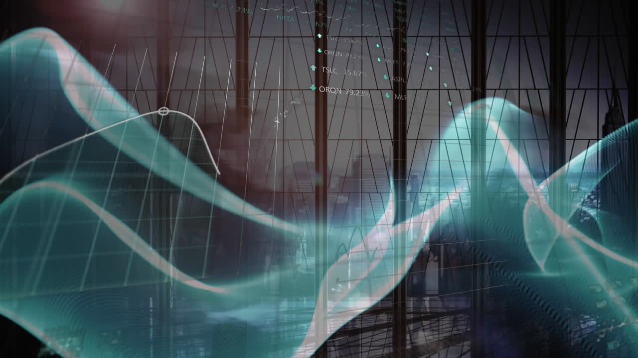 animación del procesamiento de datos financieros sobre personas de negocios caminando