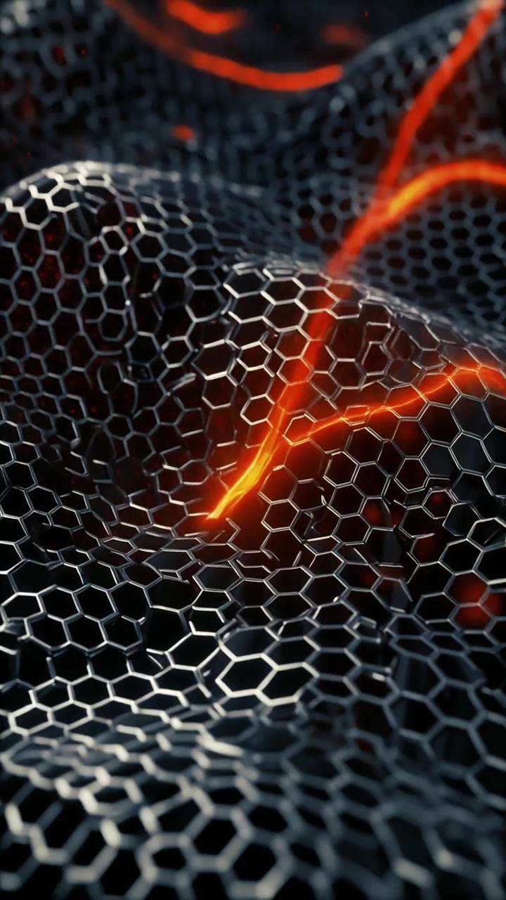 Animazione 3D astratta di energia arancione luminosa che scorre attraverso una griglia esagonale metallica