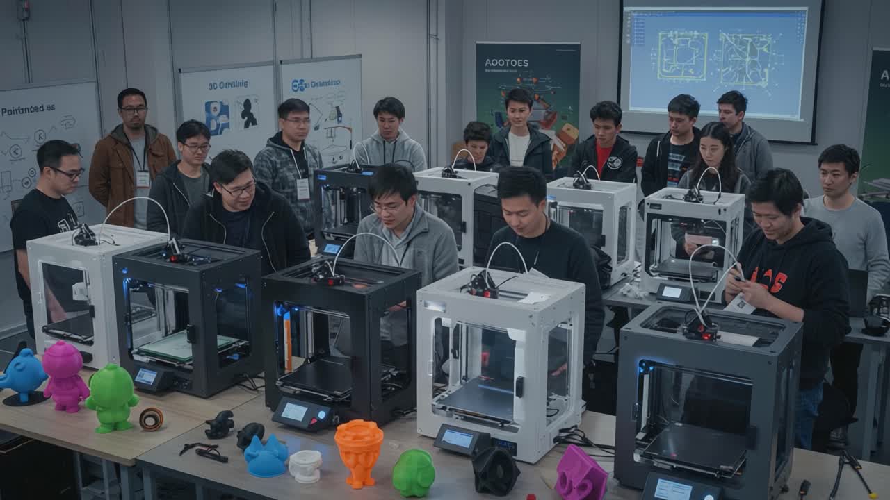 A Collaborative 3D Printing Workshop Showcasing Innovative Techniques and Designs with Participants Engaged in Creating Unique Objects