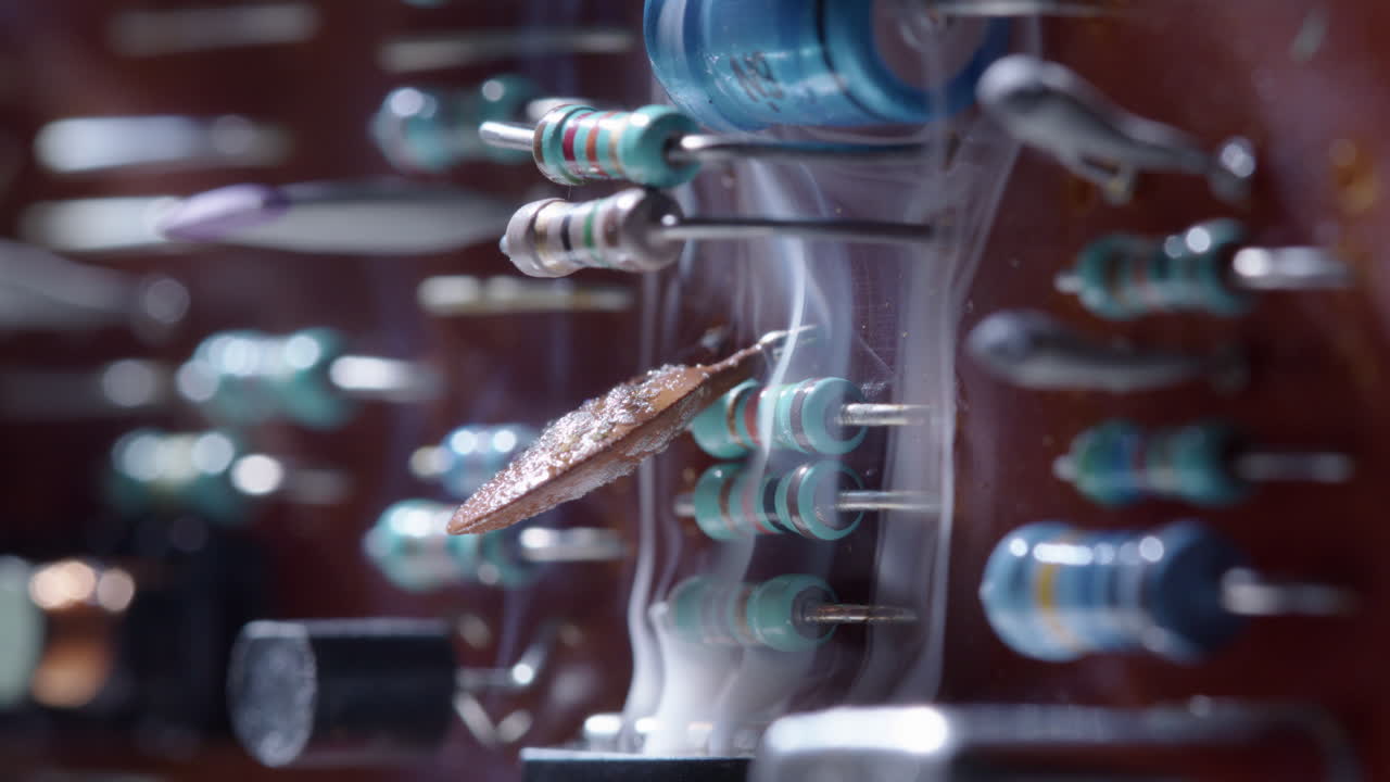 Close-up of electronic circuit board with components and a small leaf