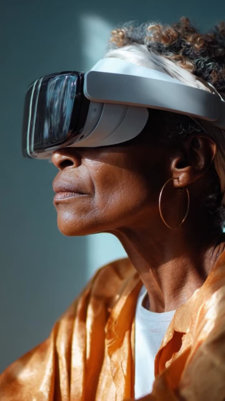 Esplorando la realtà virtuale: un'anziana signora che interagisce con una tecnologia innovativa tramite un visore VR, scoprendo nuovi mondi ed esperienze