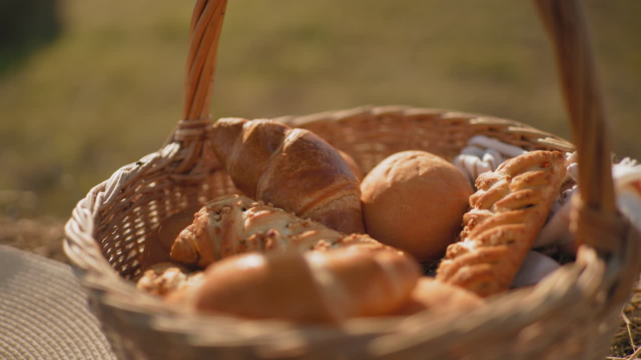 Close-up of golden baked snacks in woven picnic basket with soft cloth, placed on hay with woven hat nearby, sunlit countryside field in blurred background