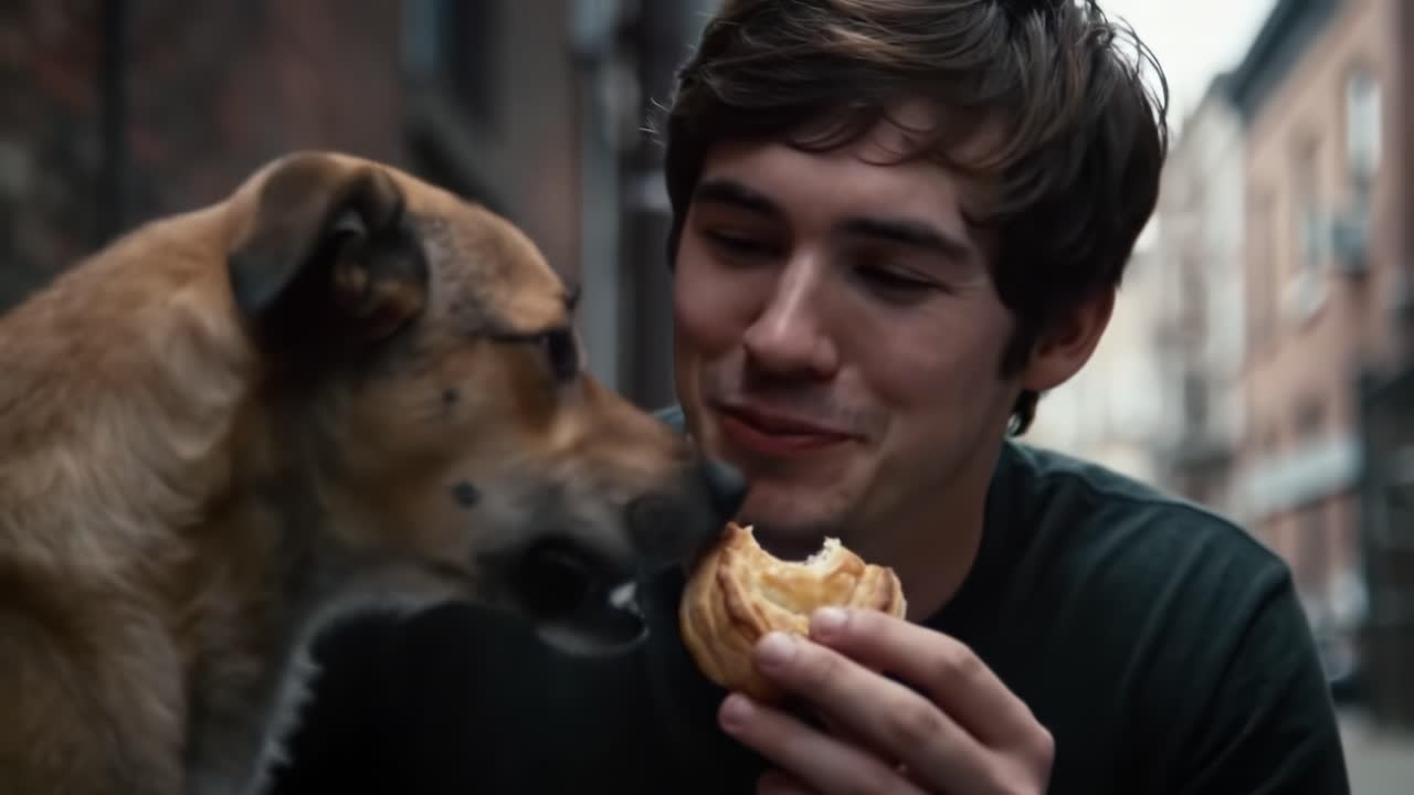 A Heartwarming Moment of Connection: A Young Man Sharing a Delicious Pastry with His Faithful Canine Companion on a Serene Urban Street