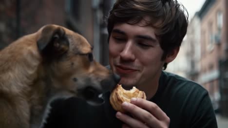 a heartwarming moment of connection: a young man sharing a delicious pastry with his faithful canine companion on a serene urban street