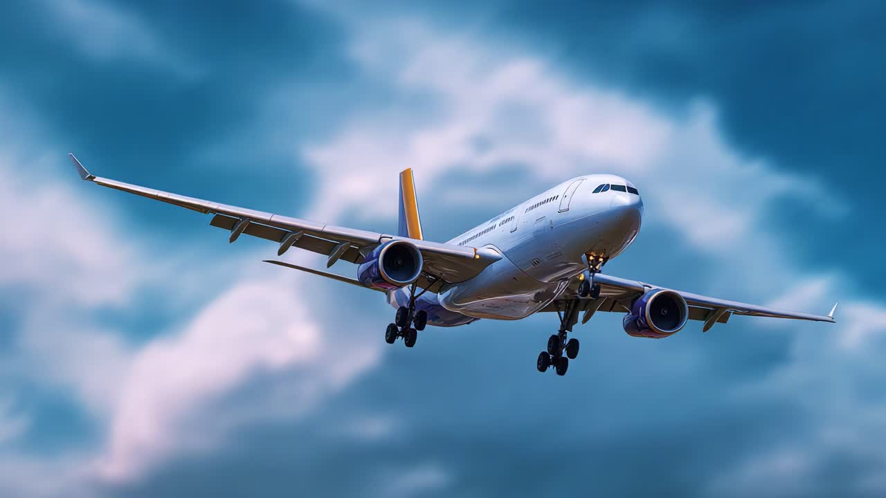 Vista aerea di un aereo commerciale che scende elegantemente attraverso un cielo nuvoloso spettacolare, catturando la bellezza e la potenza dell'aviazione moderna
