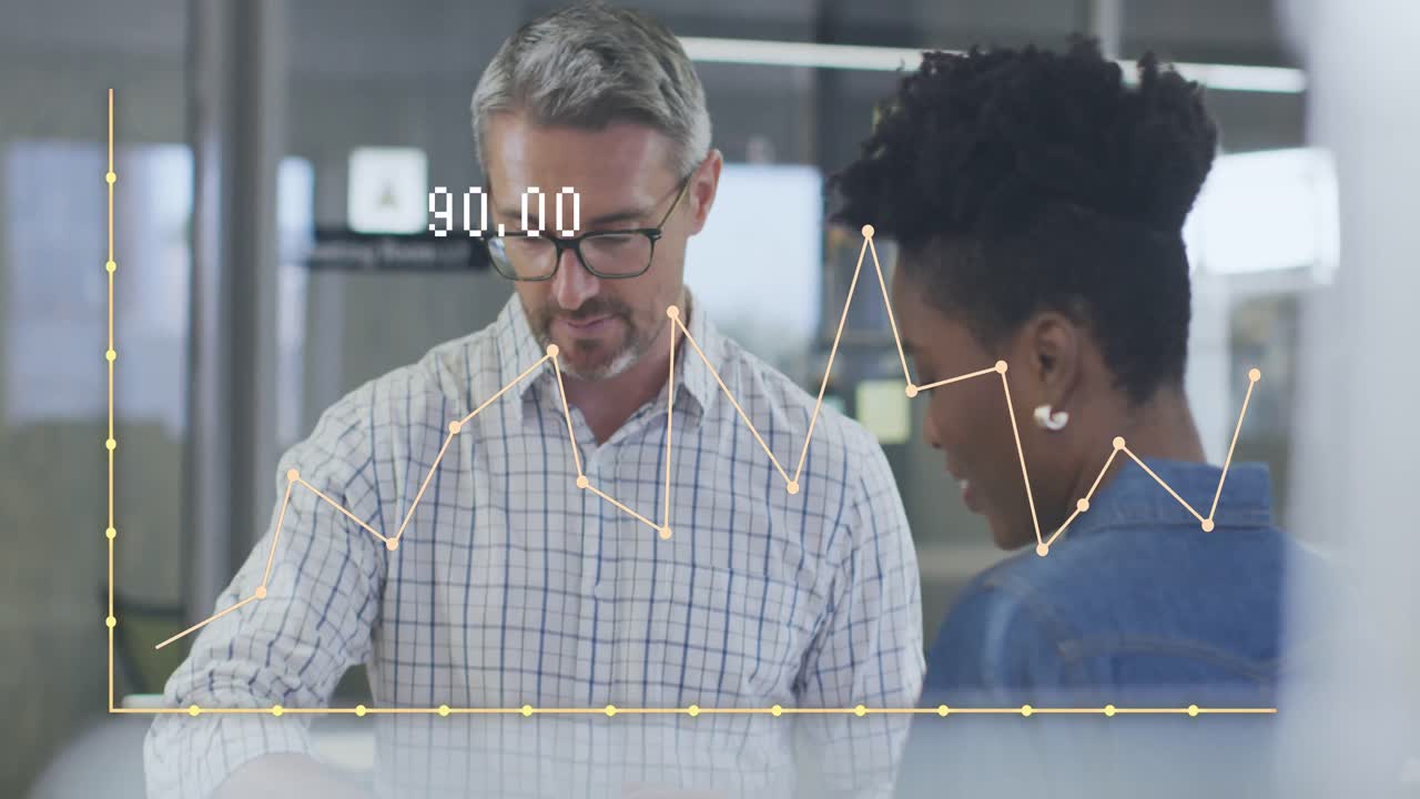 Animation of data processing over diverse business people working at office