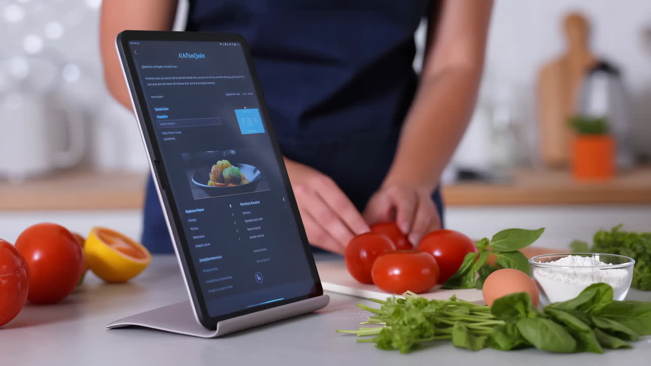 Person preparing food in a kitchen with a recipe displayed on a tablet