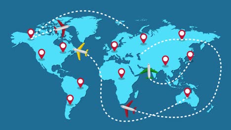 planes routes flying over world map, tourism and travel concept, graphic animation