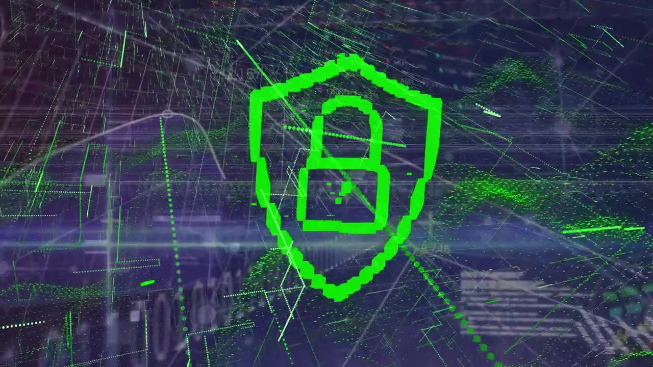 Digital Security Shield Icon Over Abstract Data Network