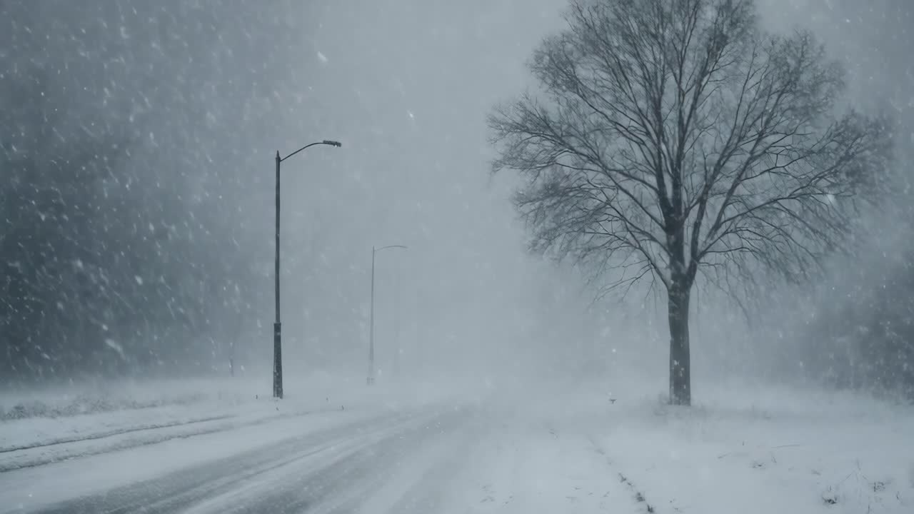 A serene winter scene captured at eye level, showcasing a lone tree and streetlights amidst heavy