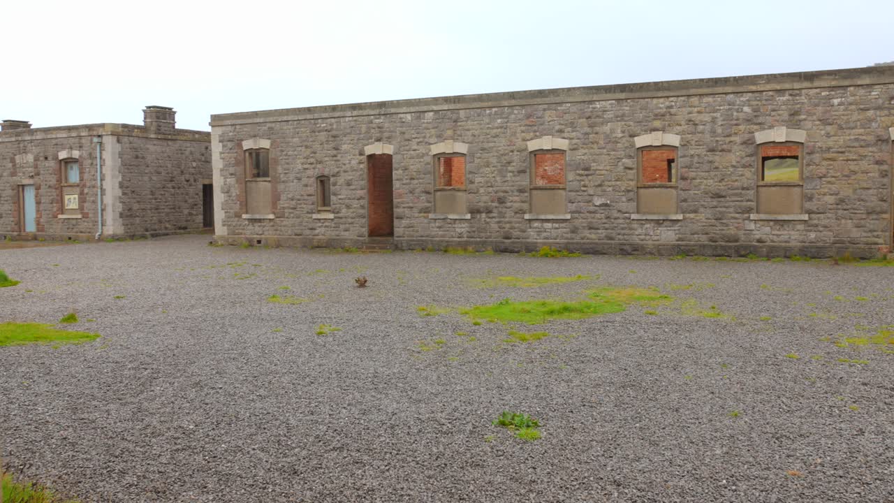 Officers Quarters At Brean Down Fort With Raindrops Falling. Brean, Burnham-on-Sea, UK. wide shot