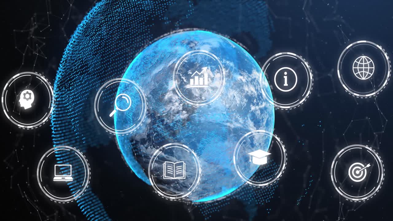 파란색 배경에 회전하는 지구상에서 디지털 아이콘과 연결 네트워크의 애니메이션