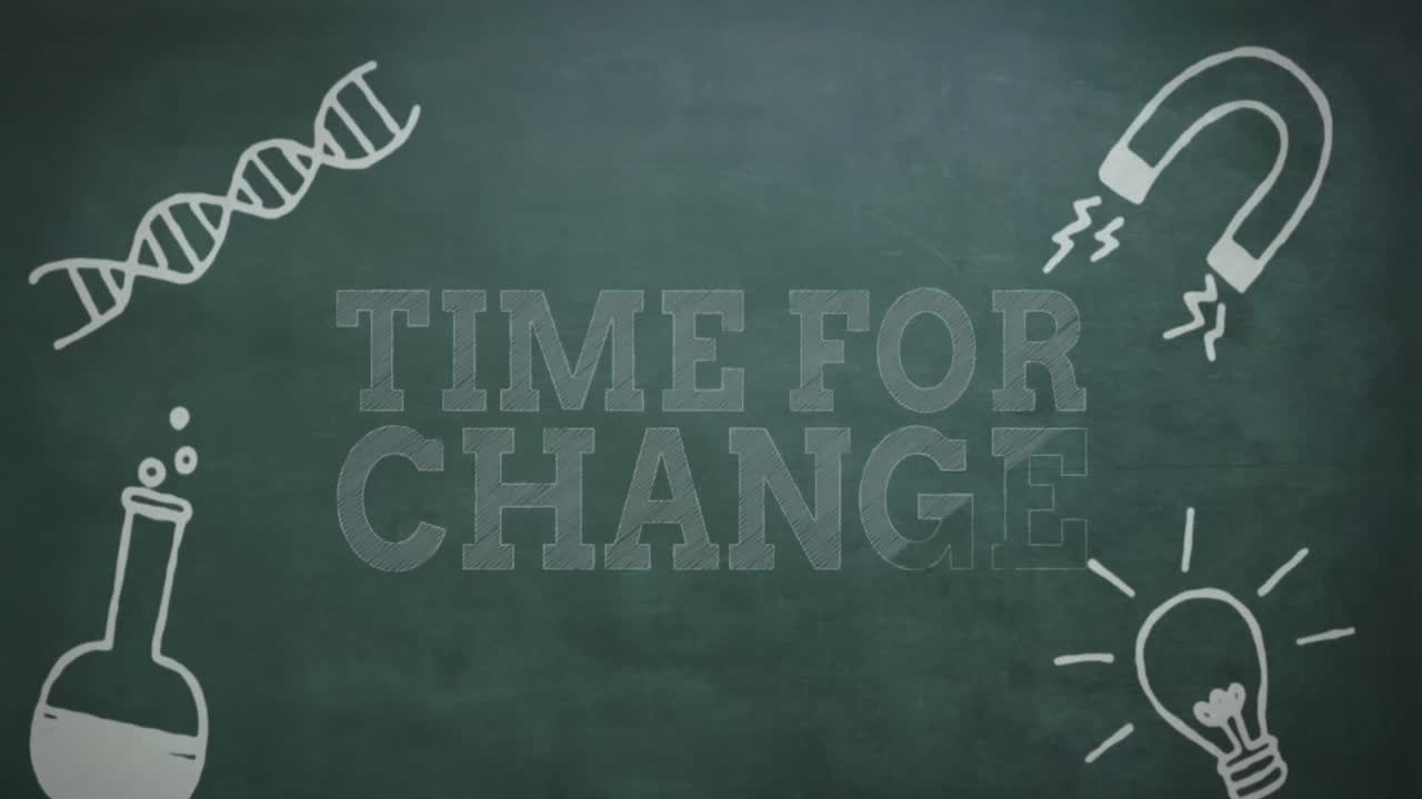 Animation of time for change text banner and science concept icons against grey background
