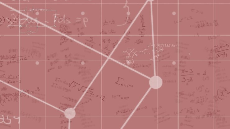 Cube spinning over grid lunes against mathematical equations on pink background