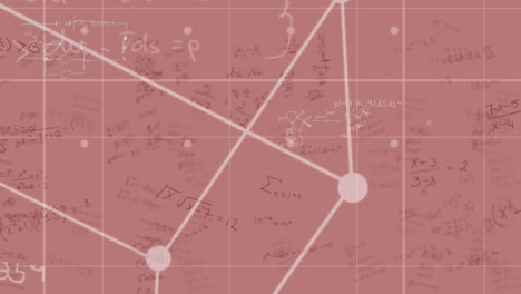 cubo girando sobre lunas de rejilla contra ecuaciones matemáticas en fondo rosa