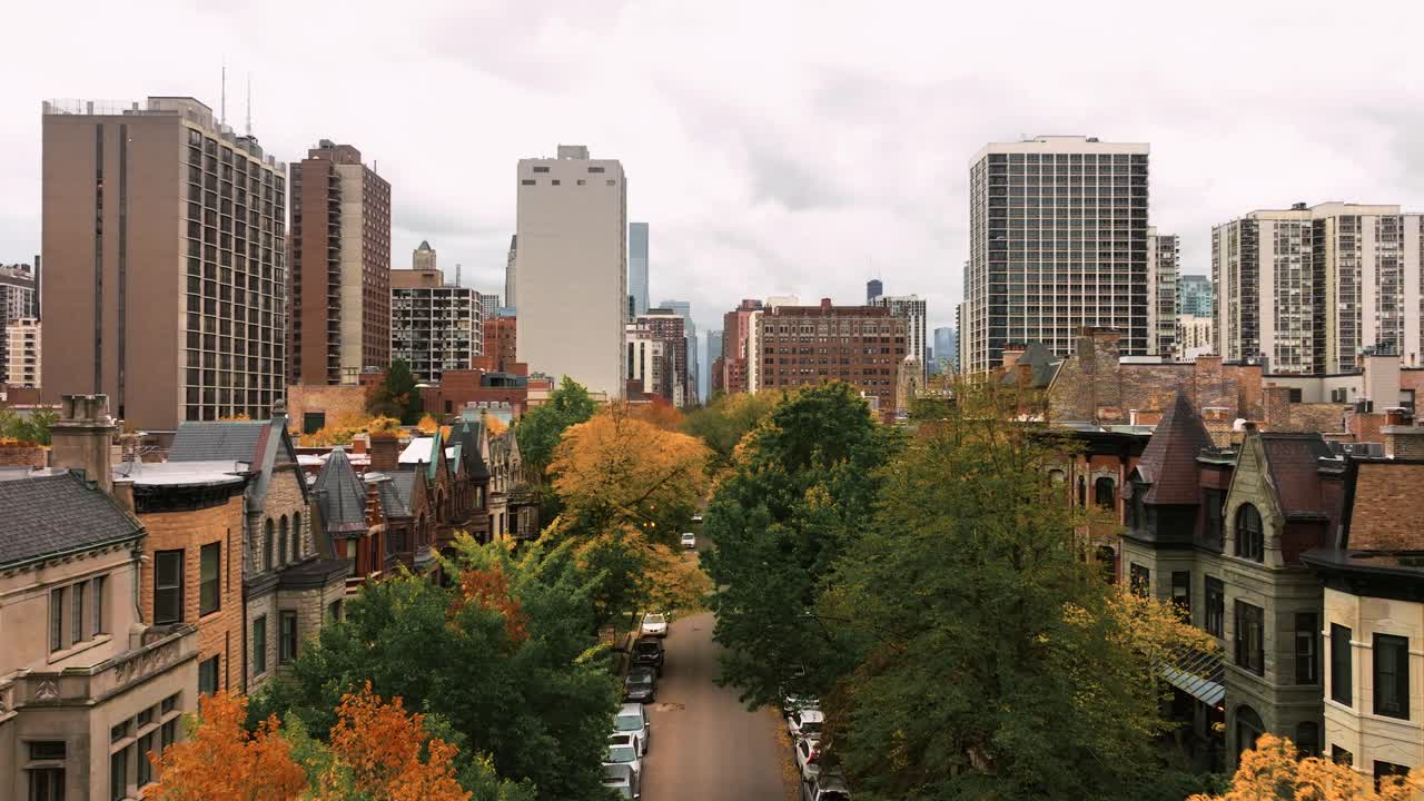 골드 코스트의 집과 가을 잎자루의 시카고 공중 전망