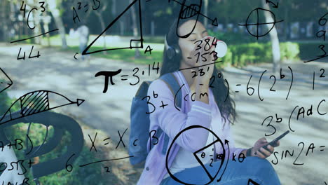 Animation of mathematical equations over biracial woman drinking coffee
