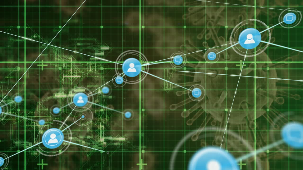 Network of digital icons over grid network against multiple covid-19 cells on green background