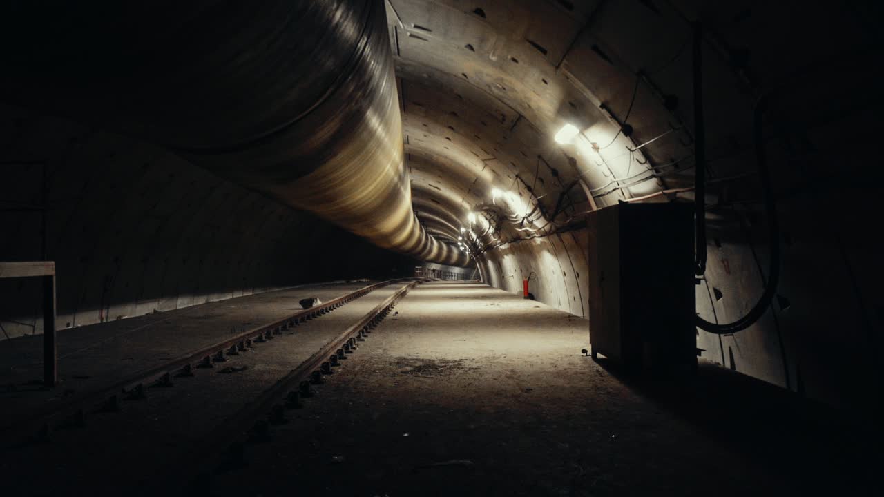 Long Dark Underground Tunnel with Subway Tracks and Industrial Pipes