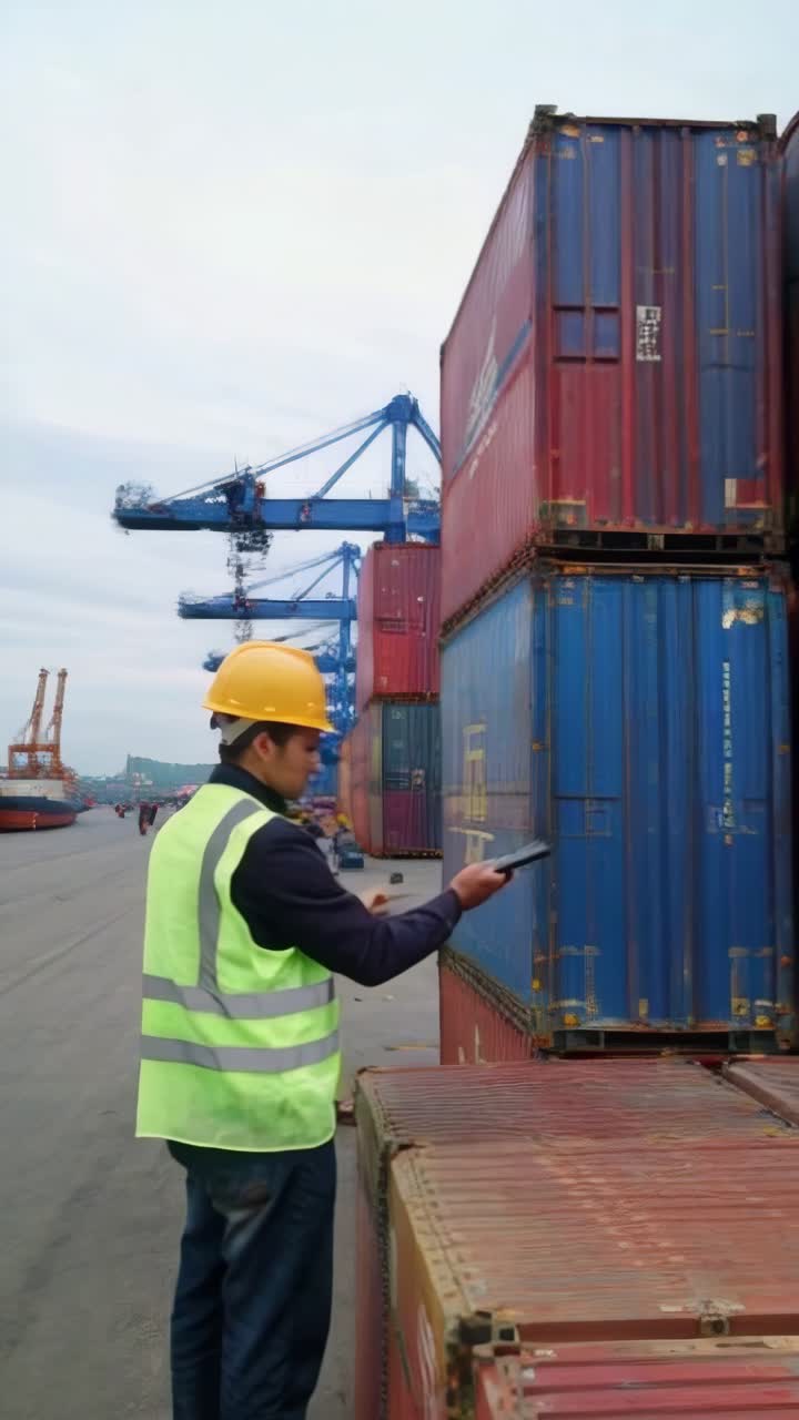 A man in a yellow vest is standing in front of a stack of containers