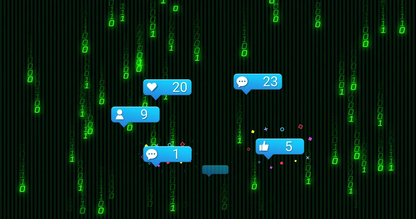 Falling binary code starting blue notification bubbles popping counts rising with confetti sparkle