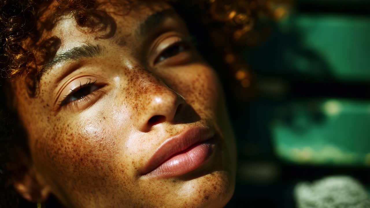 A close-up portrait of a woman basking in sunlight, highlighting her radiant skin, natural beauty, and striking features, showcasing the interplay of light and shadows on her freckled face