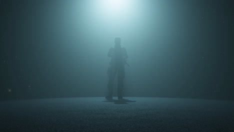 modern soldier standing inside a dark space, with volumetric light behind him and dust particles floating, 3d animation, front view, camera zoom slowly