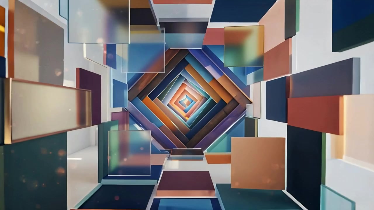 Advancing camera moving through geometric tunnel, revealing nested diamond and translucent panels