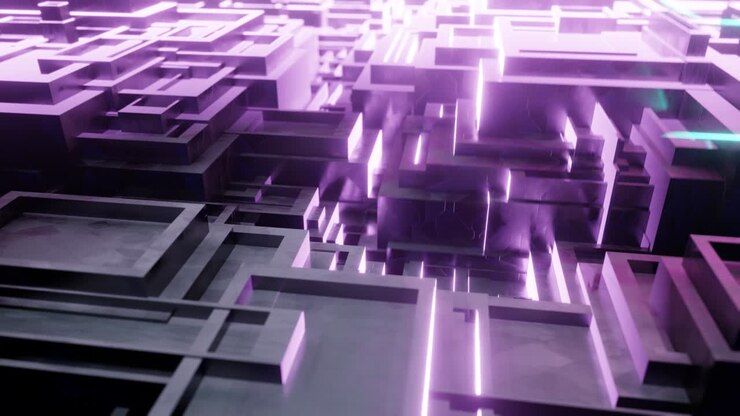 Forme cubiche geometriche al neon in stile sci-fi, illustrazione rendering 3D astratto.