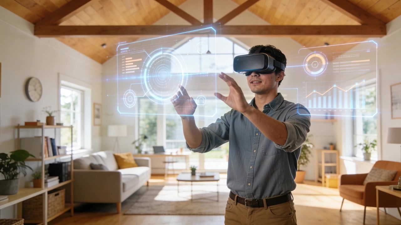 UI appearing, man in shirt and khakis pinching, dragging, resizing holo panel at home, VR headset
