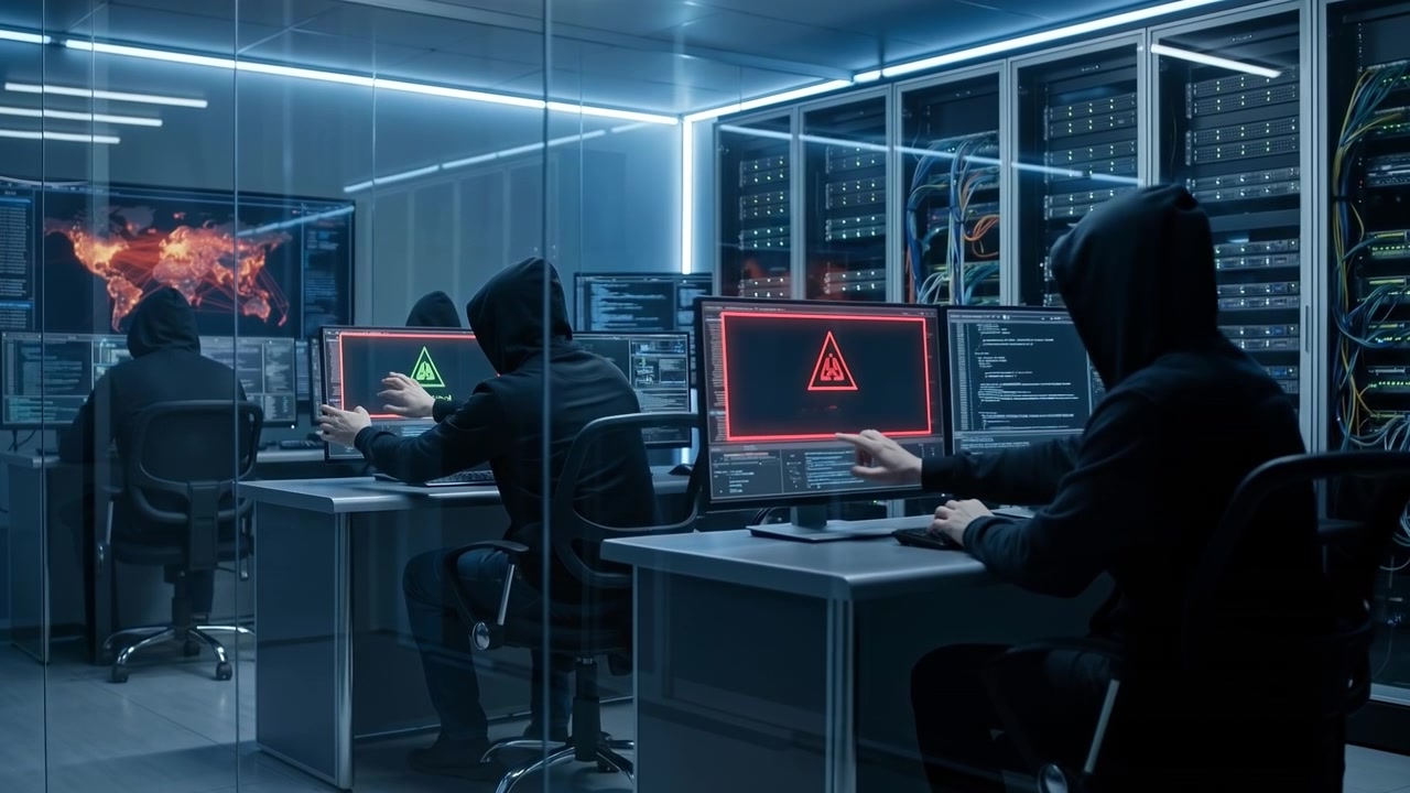 Network security specialists working in a server room with digital world maps on monitors